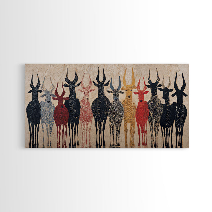 Tribal Antelope Herd Wall Art, African Tribal Art Canvas Print, Earth Tone Safari Decor, Bold Ethnic Wall Decor Gift For Home