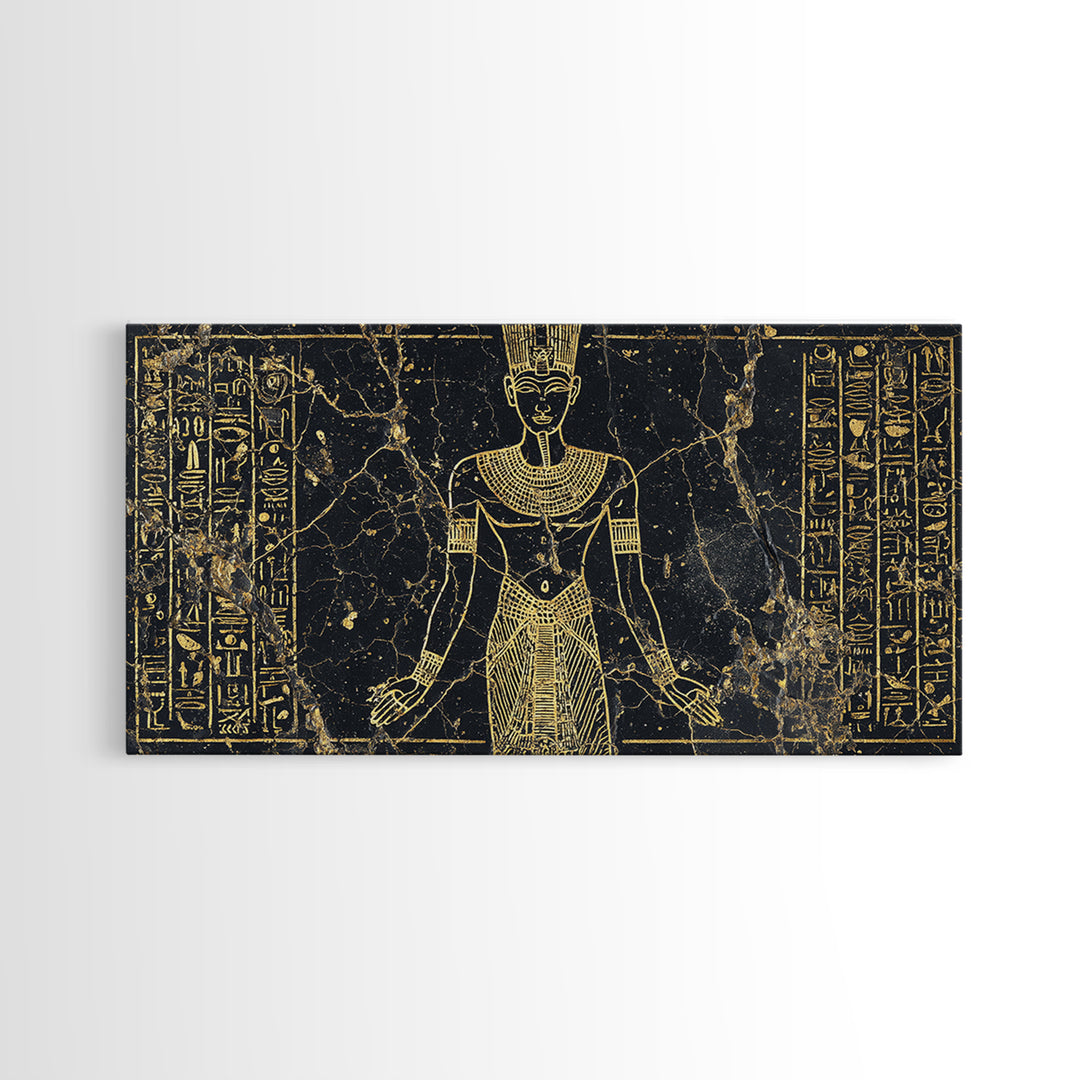 Gold Egyptian Queen Wall Art, African Egyptian Art Canvas Print, Hieroglyph Goddess Portrait, Black And Gold Home Decor Gift