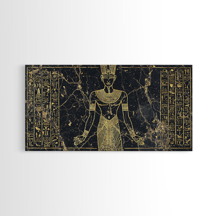 Gold Egyptian Queen Wall Art, African Egyptian Art Canvas Print, Hieroglyph Goddess Portrait, Black And Gold Home Decor Gift