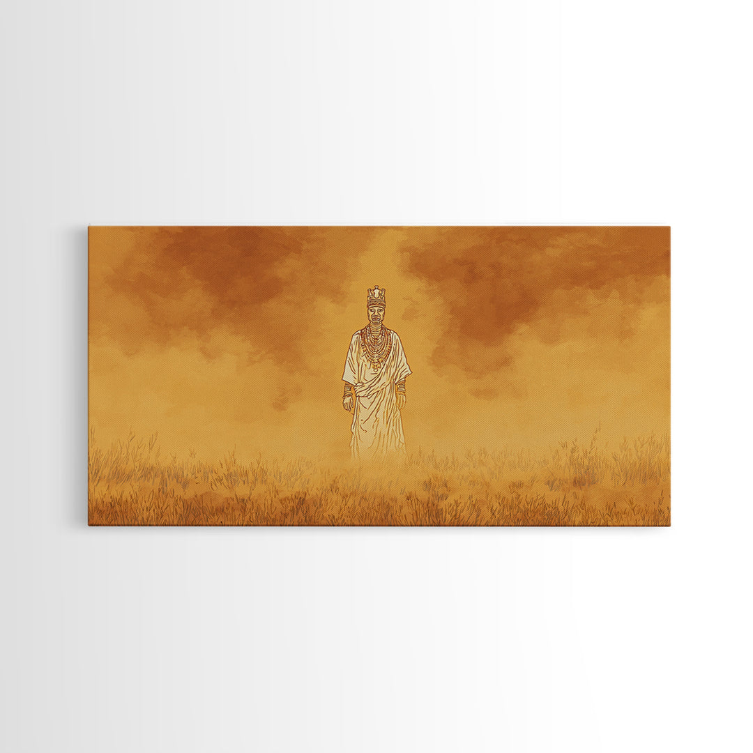 Golden African Spirit Figure Canvas Print, Mystical Savanna Landscape, Earth Tone Afrocentric Decor, Spiritual Wall Art Gift