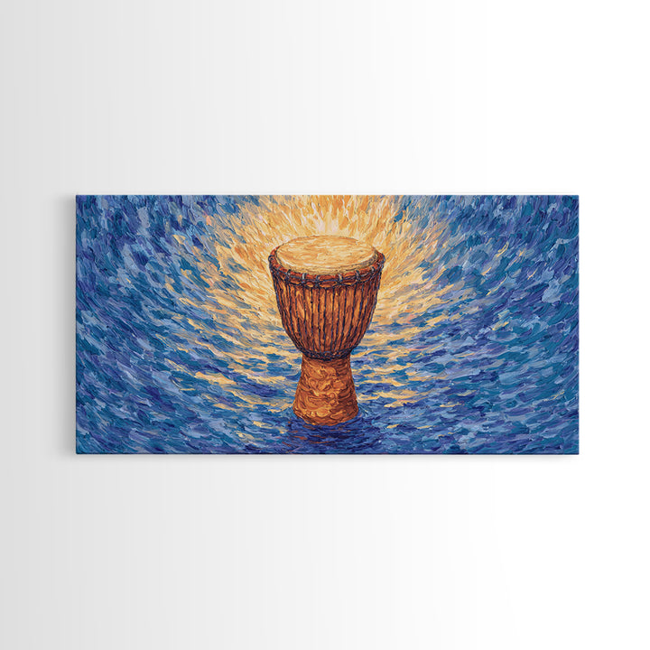 Solo Djembe Drum Framed Canvas Print, African Music Wall Art, Blue Gold Cultural Decor, Afrocentric Rhythm Gift For Living Room