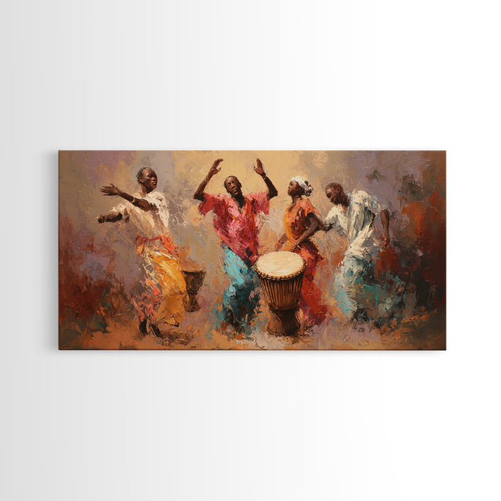 Joyful African Dancers With Drum Wall Art, Abstract Afrocentric Painting, Colorful Cultural Decor, Music Room Canvas Gift