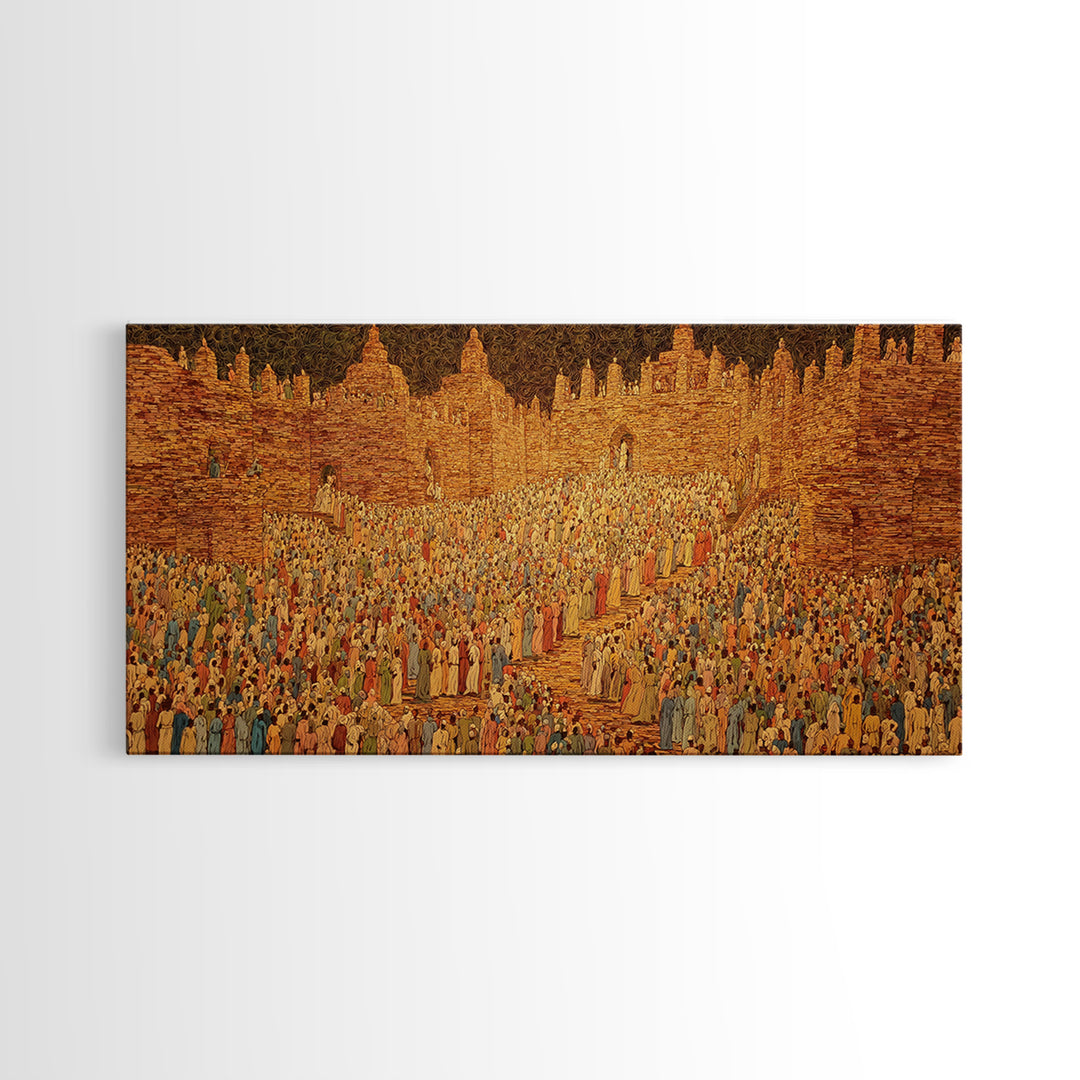 Golden West African City Crowd Canvas Print, Abstract Cultural Wall Decor, Ancient Architecture Art, Warm Earth Tone Gift