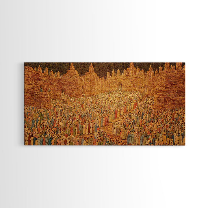 Golden West African City Crowd Canvas Print, Abstract Cultural Wall Decor, Ancient Architecture Art, Warm Earth Tone Gift