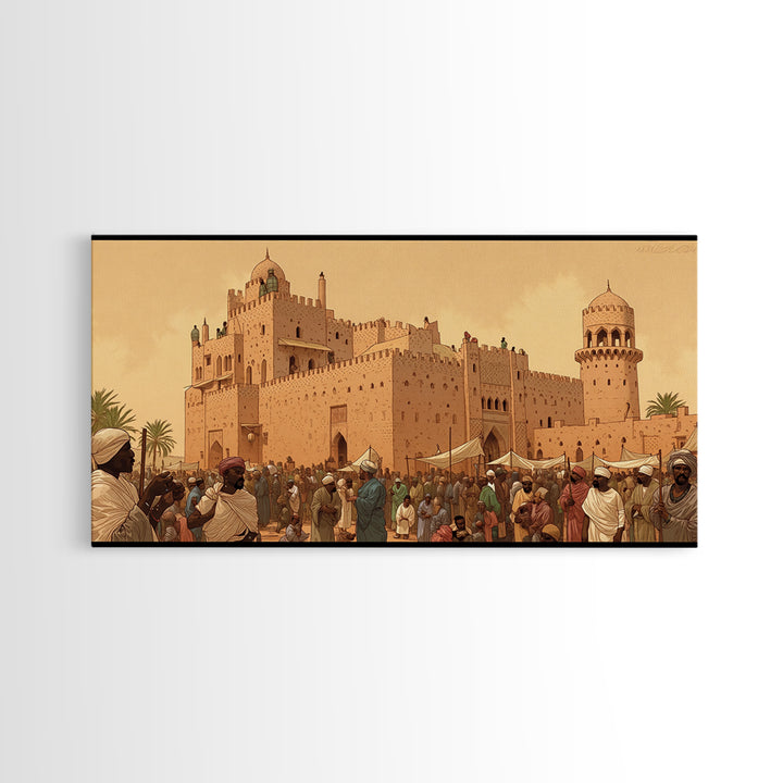 Desert Palace Market Framed Canvas Print, African Travel Wall Decor, Historic Cityscape Painting, Cultural Home Decor Gift