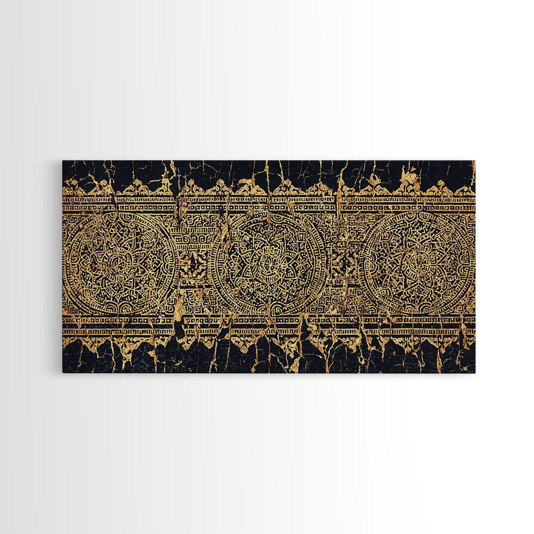 Gold Tribal Pattern Wall Art, African Abstract Textile Print, Black And Gold Decor, Boho Ethnic Home Decor Canvas Print Gift