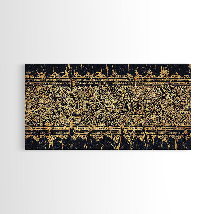 Gold Tribal Pattern Wall Art, African Abstract Textile Print, Black And Gold Decor, Boho Ethnic Home Decor Canvas Print Gift