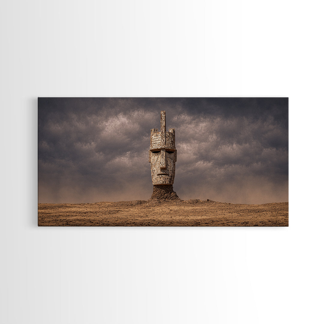 Weathered African Mask Framed Canvas Print, Desert Storm Sculpture Portrait, Tribal Wall Art, Mystical Cultural Decor Gift