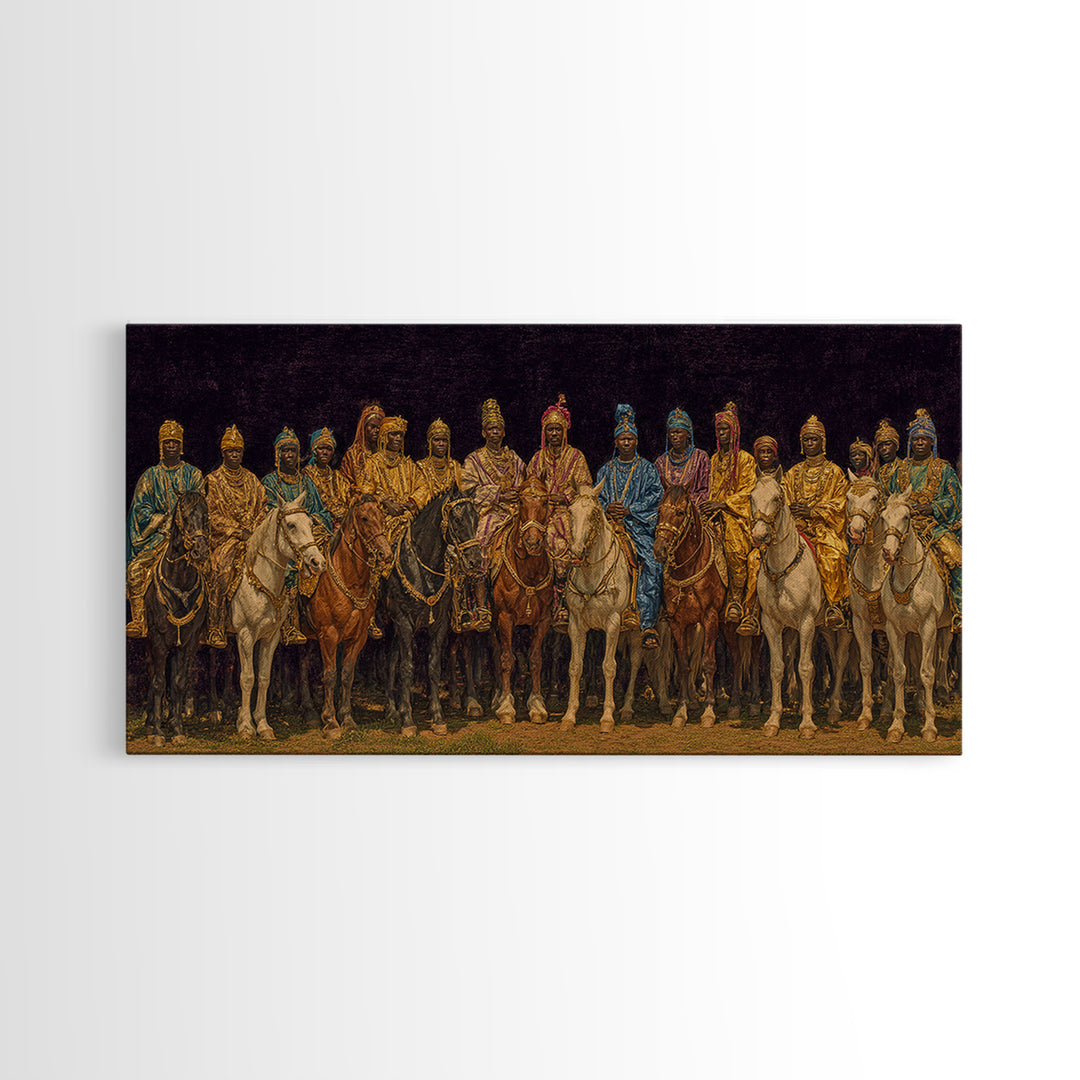 Golden African Royal Horsemen At Night Wall Art, Luxury Afrocentric Canvas Print, Traditional Tribal Decor, Statement Piece