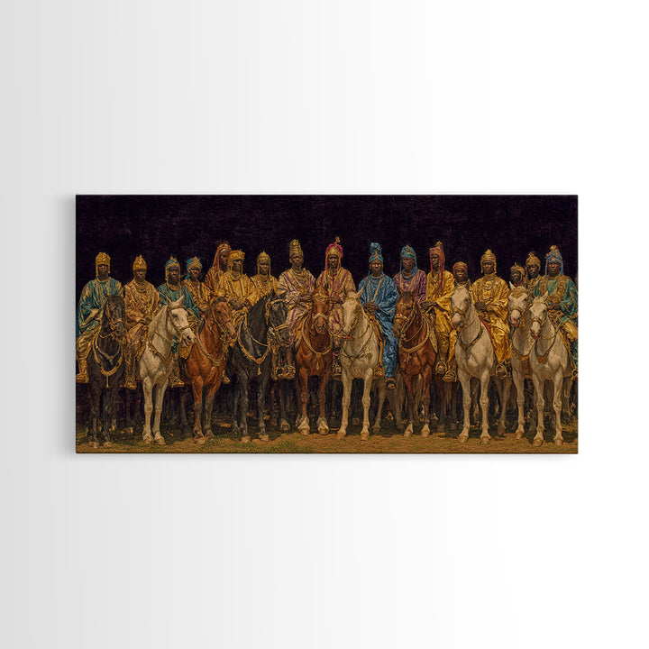 Golden African Royal Horsemen At Night Wall Art, Luxury Afrocentric Canvas Print, Traditional Tribal Decor, Statement Piece