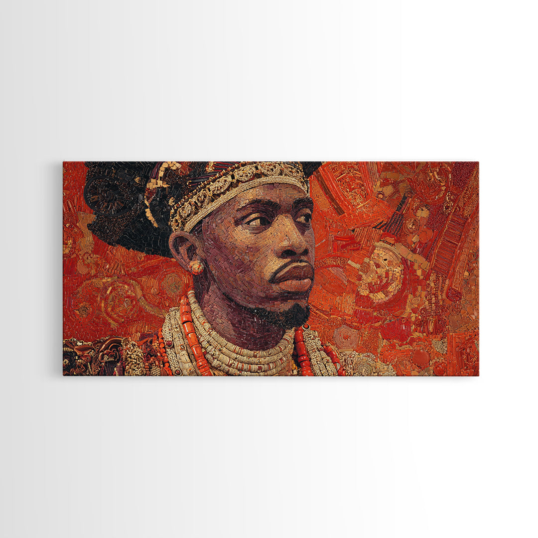 Ornate African Royal Man Portrait Framed Canvas Print, Afrocentric Black Art, Gold Jewelry Canvas, Cultural Heritage Wall Art