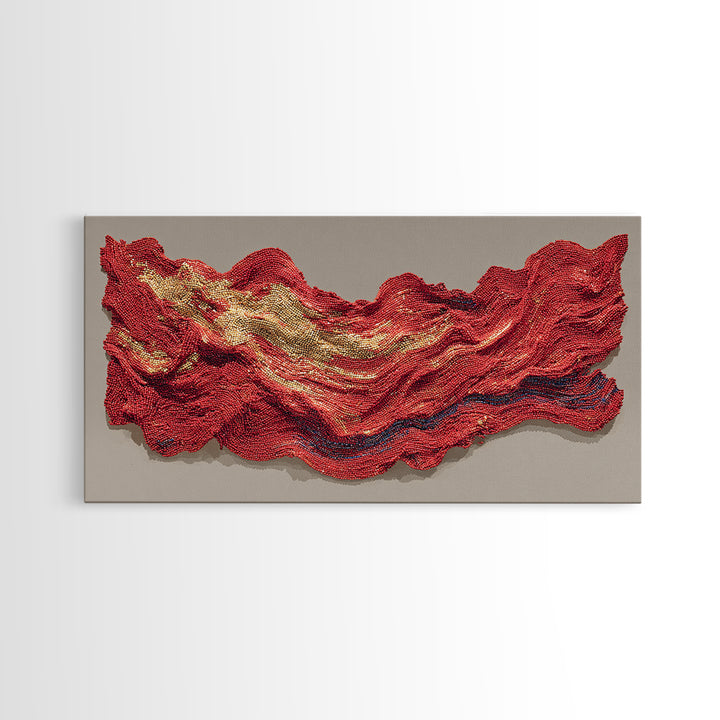 Red And Gold Beaded Wave Sculpture Wall Art, African Abstract Textile Decor, Luxury Canvas Print, Bold Contemporary Home Accent