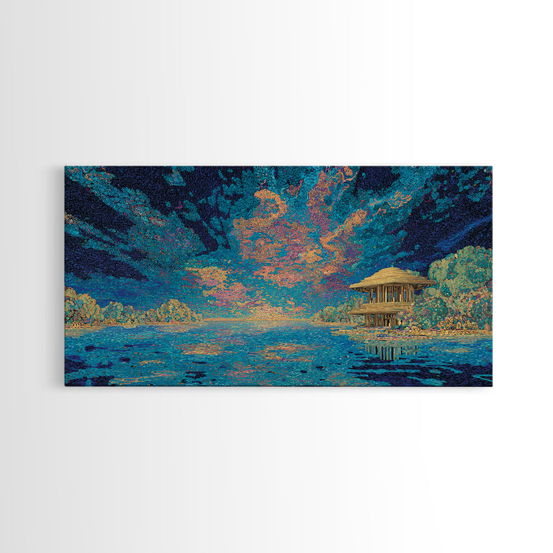 Moonlit Tropical Lagoon Hut Wall Art, Blue Coastal Landscape Canvas, Modern African Inspired Home Decor, Dreamy Living Room Art