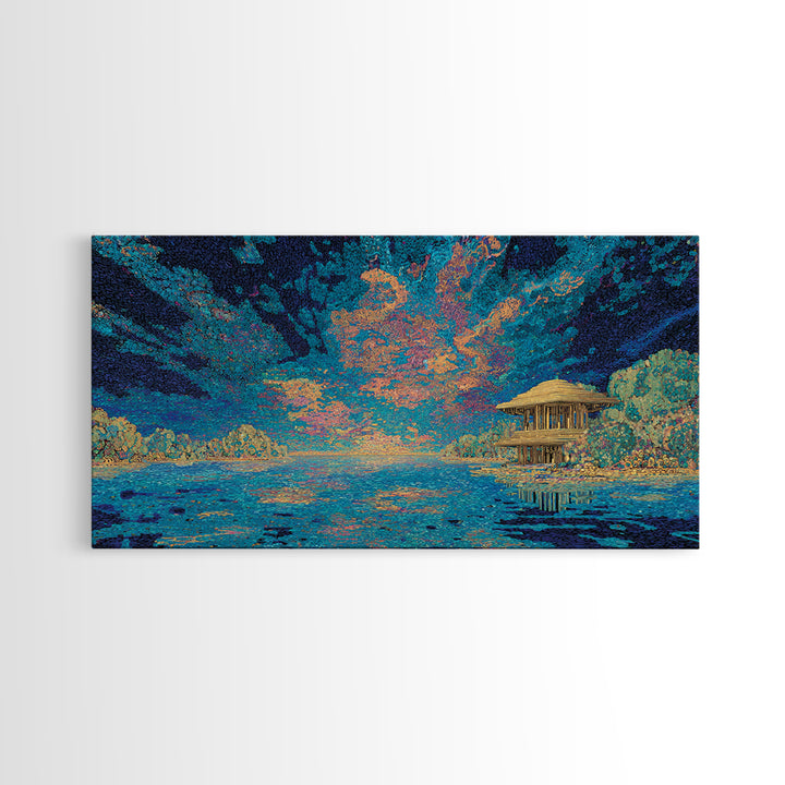Moonlit Tropical Lagoon Hut Wall Art, Blue Coastal Landscape Canvas, Modern African Inspired Home Decor, Dreamy Living Room Art