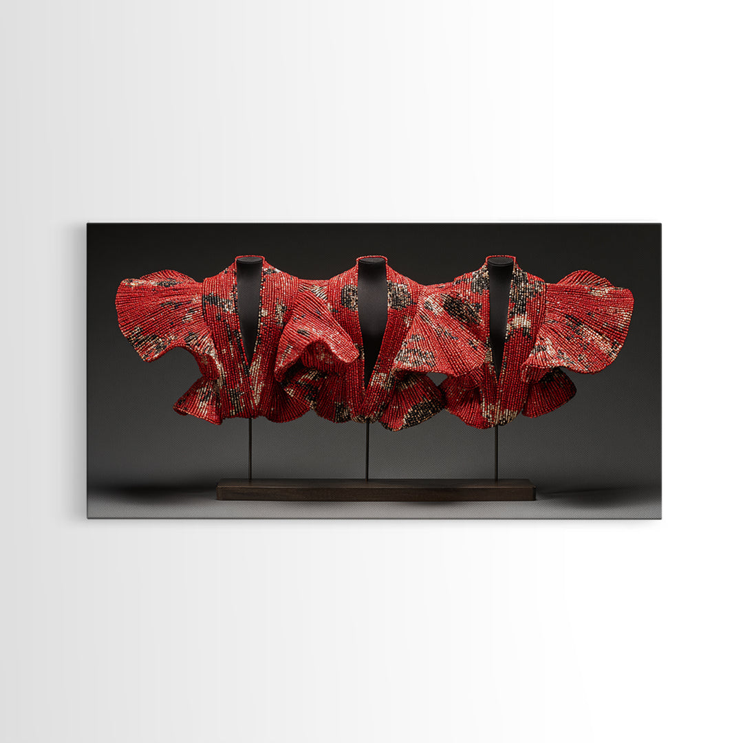 Red Ankara Textile Sculpture Framed Canvas Print, African Fabric Wall Decor, Bold Afrocentric Art For Elegant Modern Home