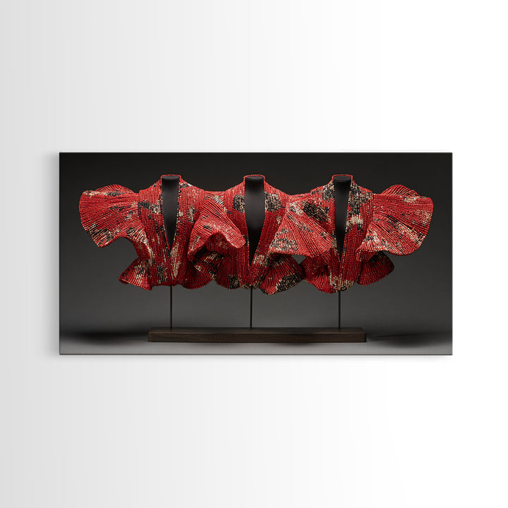 Red Ankara Textile Sculpture Framed Canvas Print, African Fabric Wall Decor, Bold Afrocentric Art For Elegant Modern Home