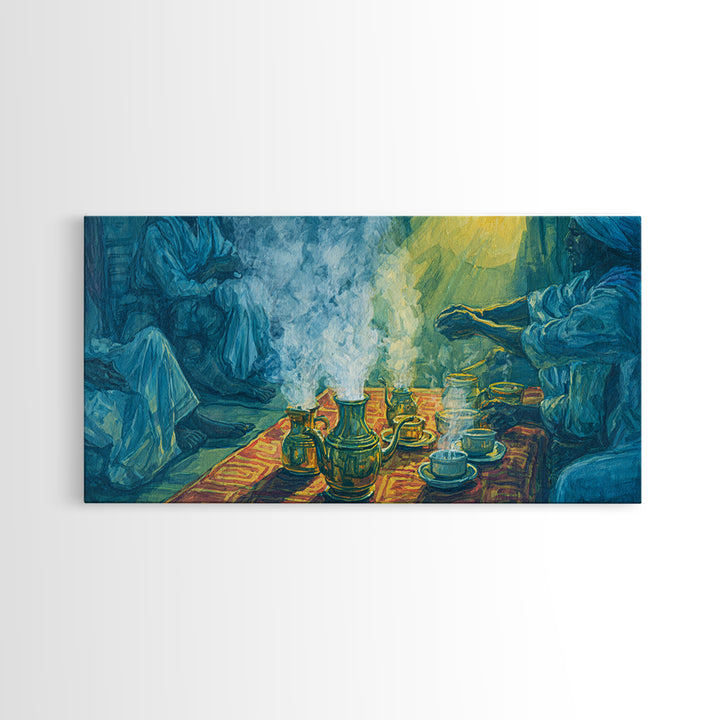 Blue Smoky Tea Ceremony Canvas Print, African Culture Art, Spiritual Wall Decor, Traditional Gathering Painting For Living Room