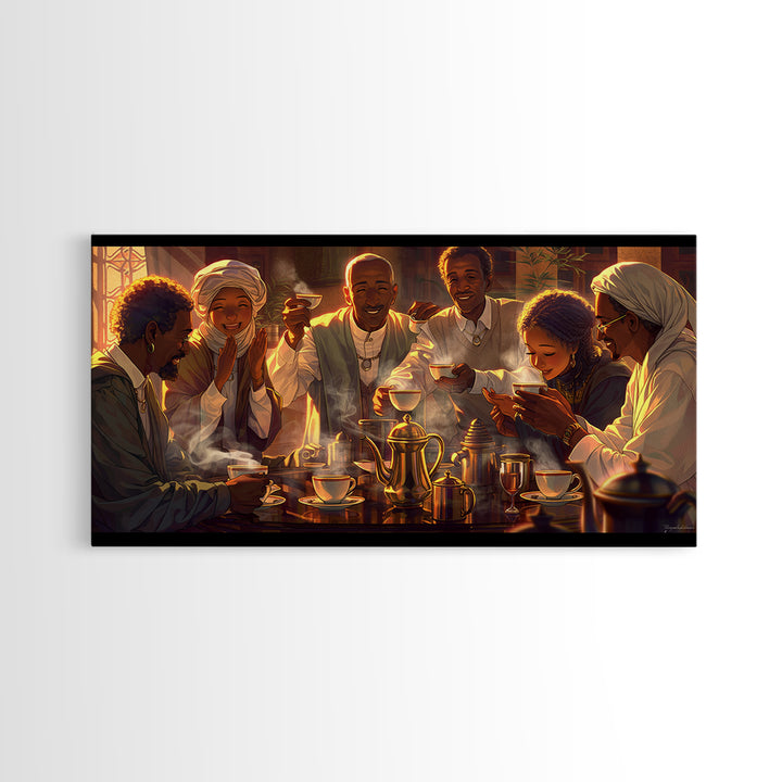 Joyful African Family Tea Gathering Wall Art, Black Culture Art Print, Warm Afrocentric Home Decor For Kitchen Or Dining Room