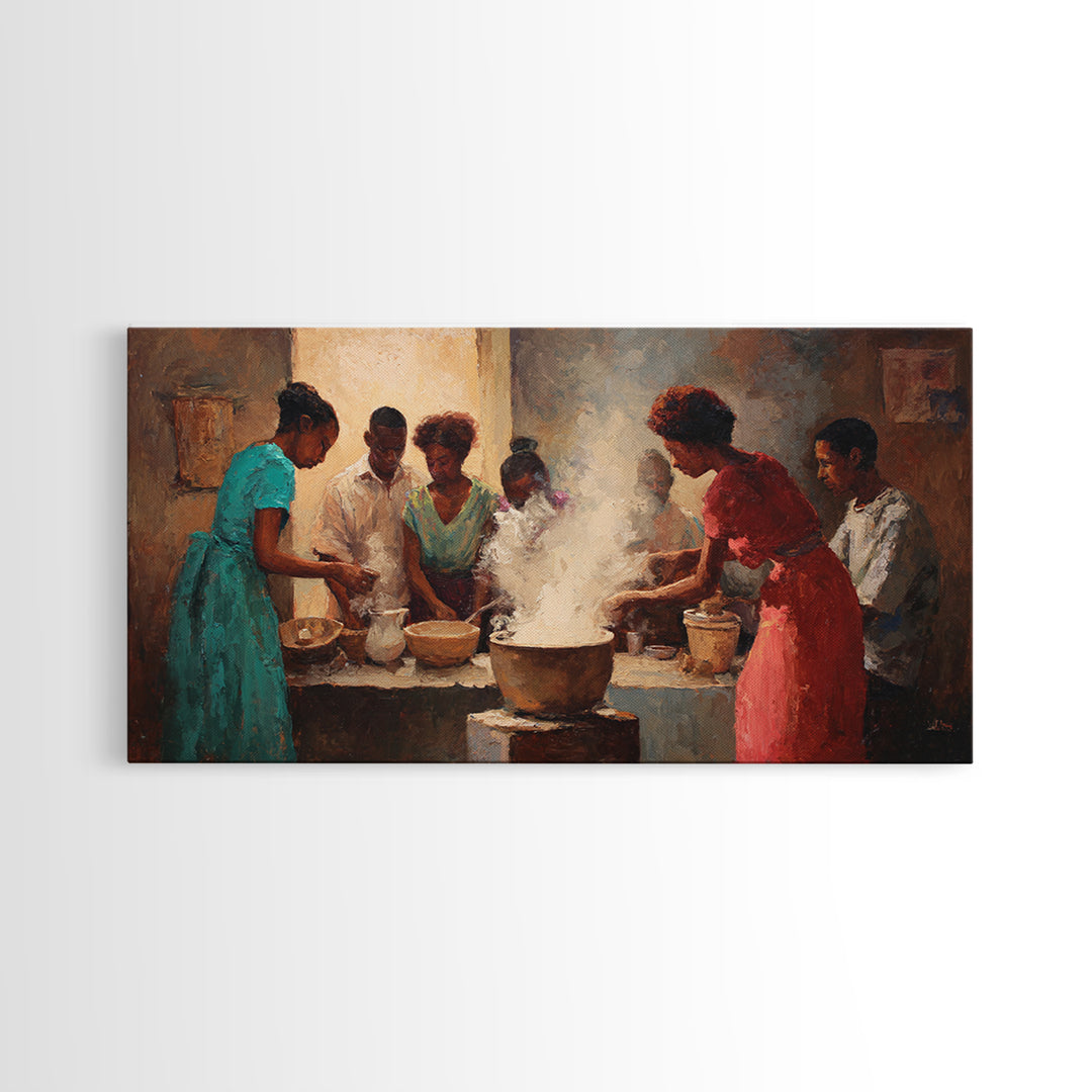 Community Cooking With Steaming Pot Wall Art, African American Art, Black Family Kitchen Decor, Cultural Home Decor Gift