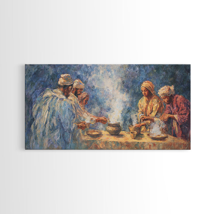 Traditional African Tea Ceremony Framed Canvas Print, Blue Robe Gathering Painting, Cultural Wall Decor For Boho Living Room