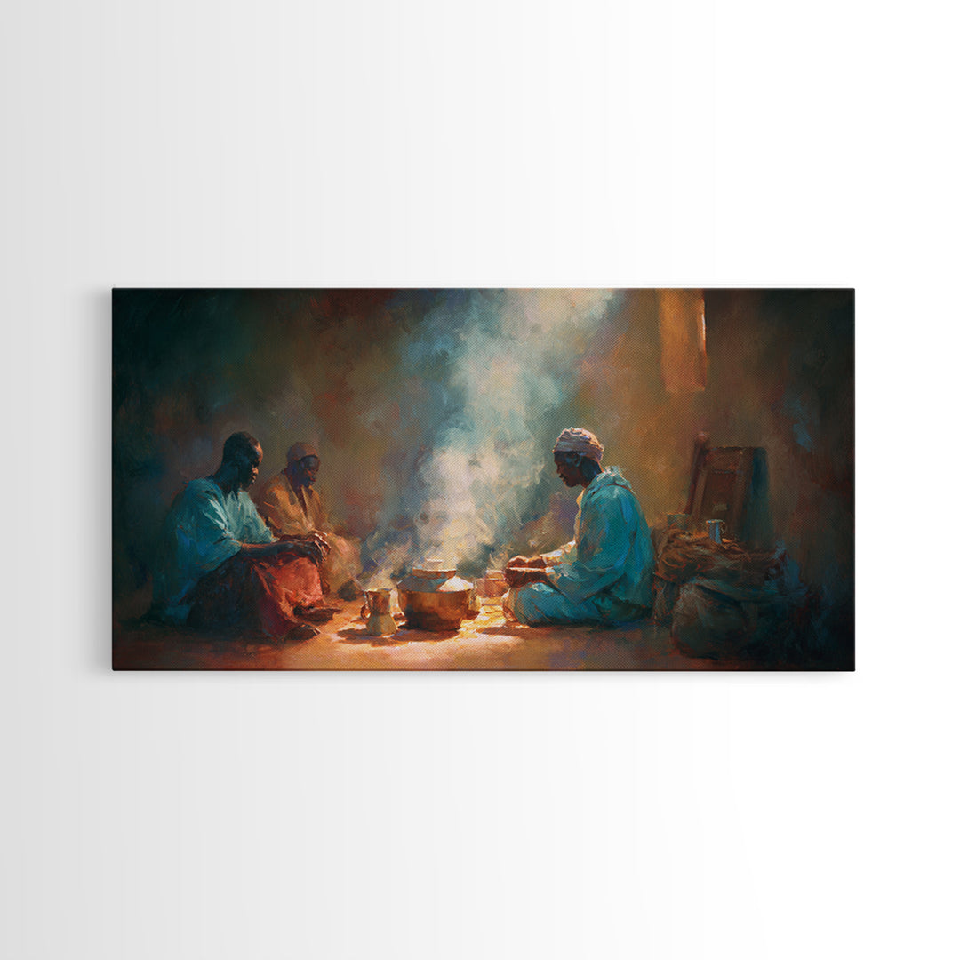 Smoky Hearth Tea Gathering Canvas Print, African Men In Blue Robes, Spiritual Culture Wall Art For Rustic Living Room Decor