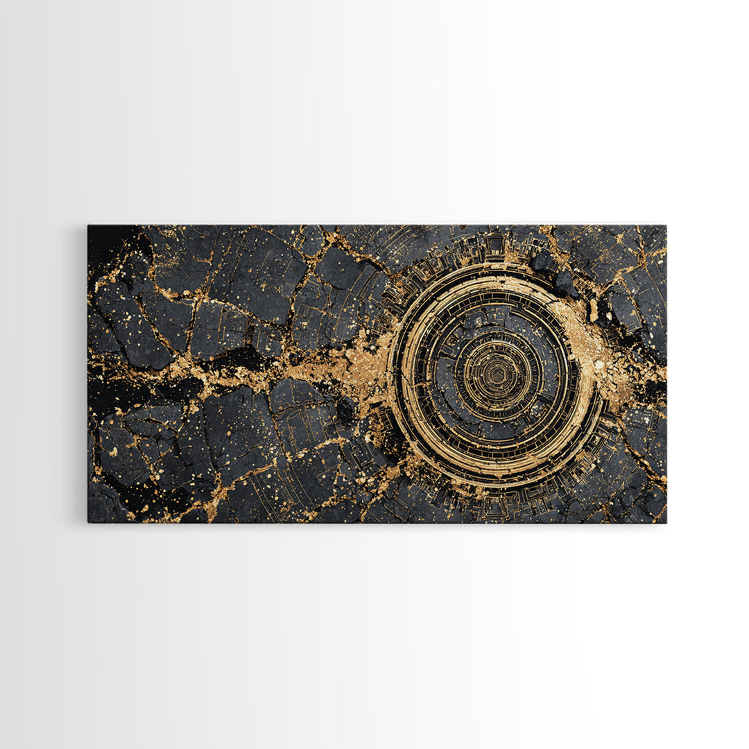 Cracked Obsidian Gold Mandala Canvas Print, African Abstract Art, Geometric Wall Decor, Luxury Modern Home Decor Gift For Him