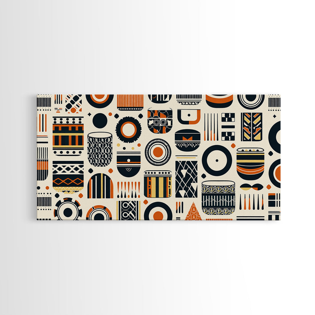 African Tribal Pattern Canvas Print, Black Orange Textile Wall Art, Afrocentric Geometric Decor, Boho Home Decor Gift For Living Room
