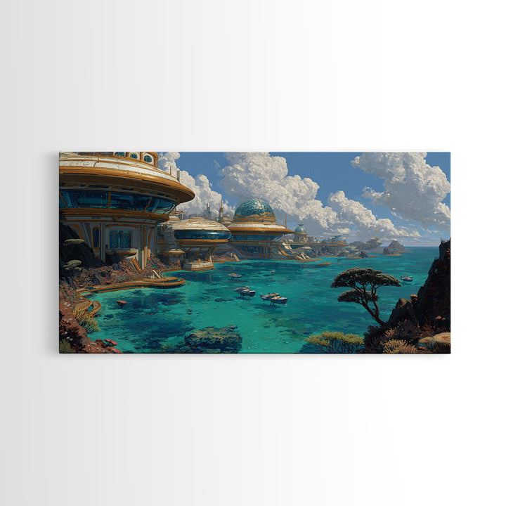 Afrofuturism Ocean City Framed Canvas Print, Futuristic African Coastal Wall Art, Turquoise Sci Fi Home Decor Gift For Office