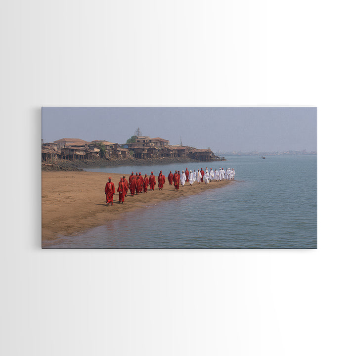 Red And White Beach Procession Wall Art, African Coastal Ceremony Canvas Print, Cultural Travel Decor For Living Room Gift