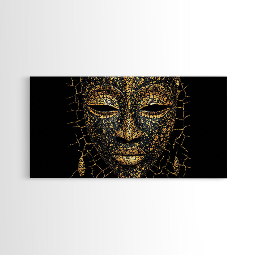 Gold Black African Mask Portrait Wall Art, Textured Tribal Mask Canvas Print, Elegant Afrocentric Decor, Luxury Home Decor
