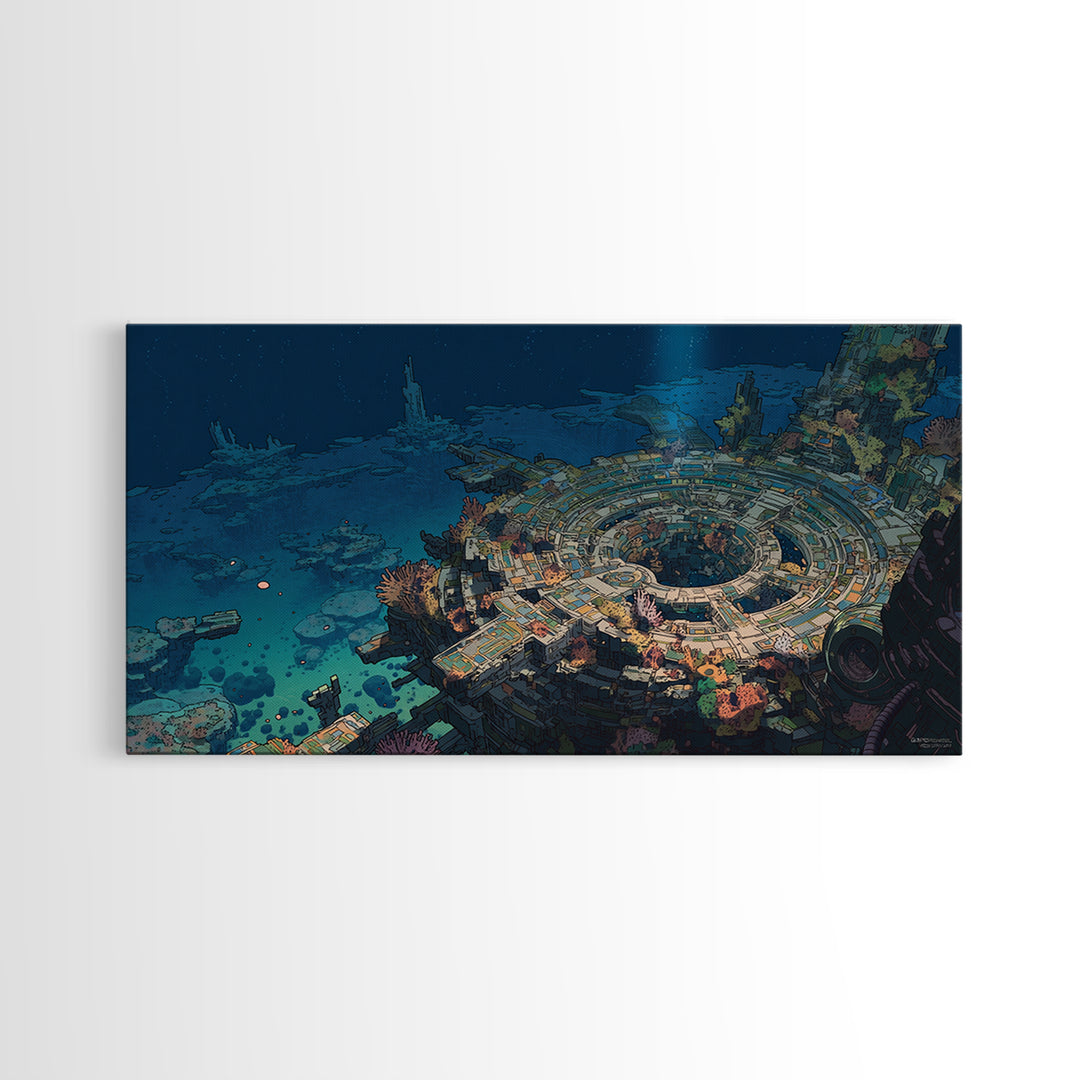 Underwater Futuristic City Wall Art, Sci Fi Ocean Ruins Canvas Print, Afrofuturism Decor, Blue Digital Art For Office Decor