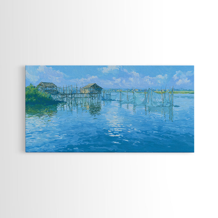 Blue Coastal Fishing Village Wall Art, Serene Water Landscape Canvas Print, Beach Art, Nature Scene Art, Living Room Decor