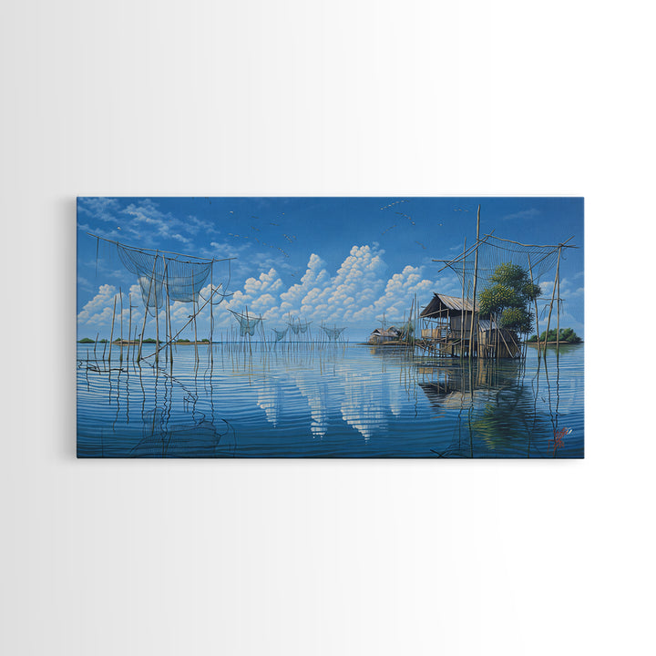 Calm Lake Fishing Nets Wall Art, Blue Sky Reflections Canvas Print, Coastal Landscape, Nature Scene Art, Serene Home Decor