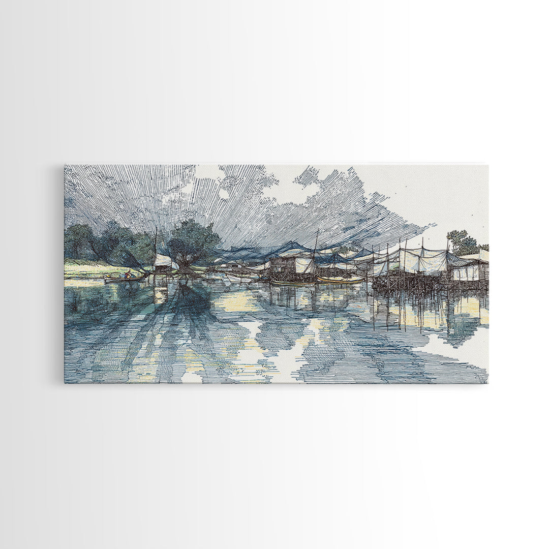 Ink Sketch Fishing Harbor Wall Art, Blue Coastal Village Canvas Print, Minimalist Art, Water Reflection, Office Decor Gift