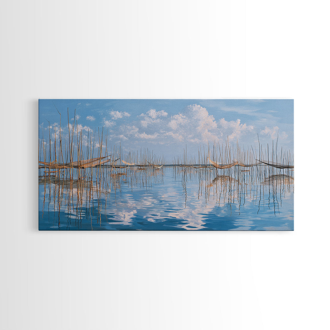 Peaceful Bamboo Fishing Poles Wall Art, Blue Water Landscape Canvas Print, Coastal Nature Scene Art, Elegant Living Room Decor