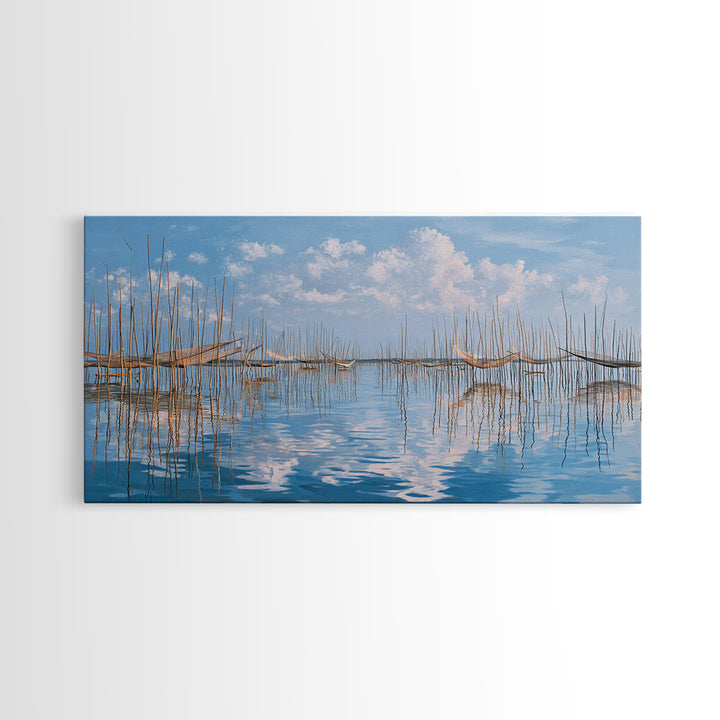 Peaceful Bamboo Fishing Poles Wall Art, Blue Water Landscape Canvas Print, Coastal Nature Scene Art, Elegant Living Room Decor