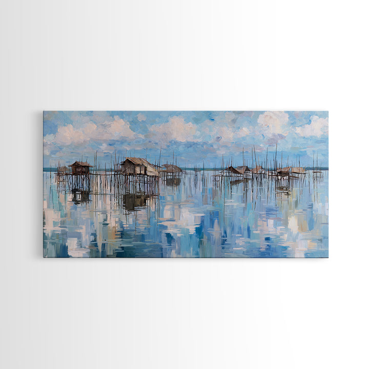 Blue Stilt Village Seascape Reflections Wall Art, Coastal Water Village Canvas Decor, Serene Sky Painting, Living Room Decor