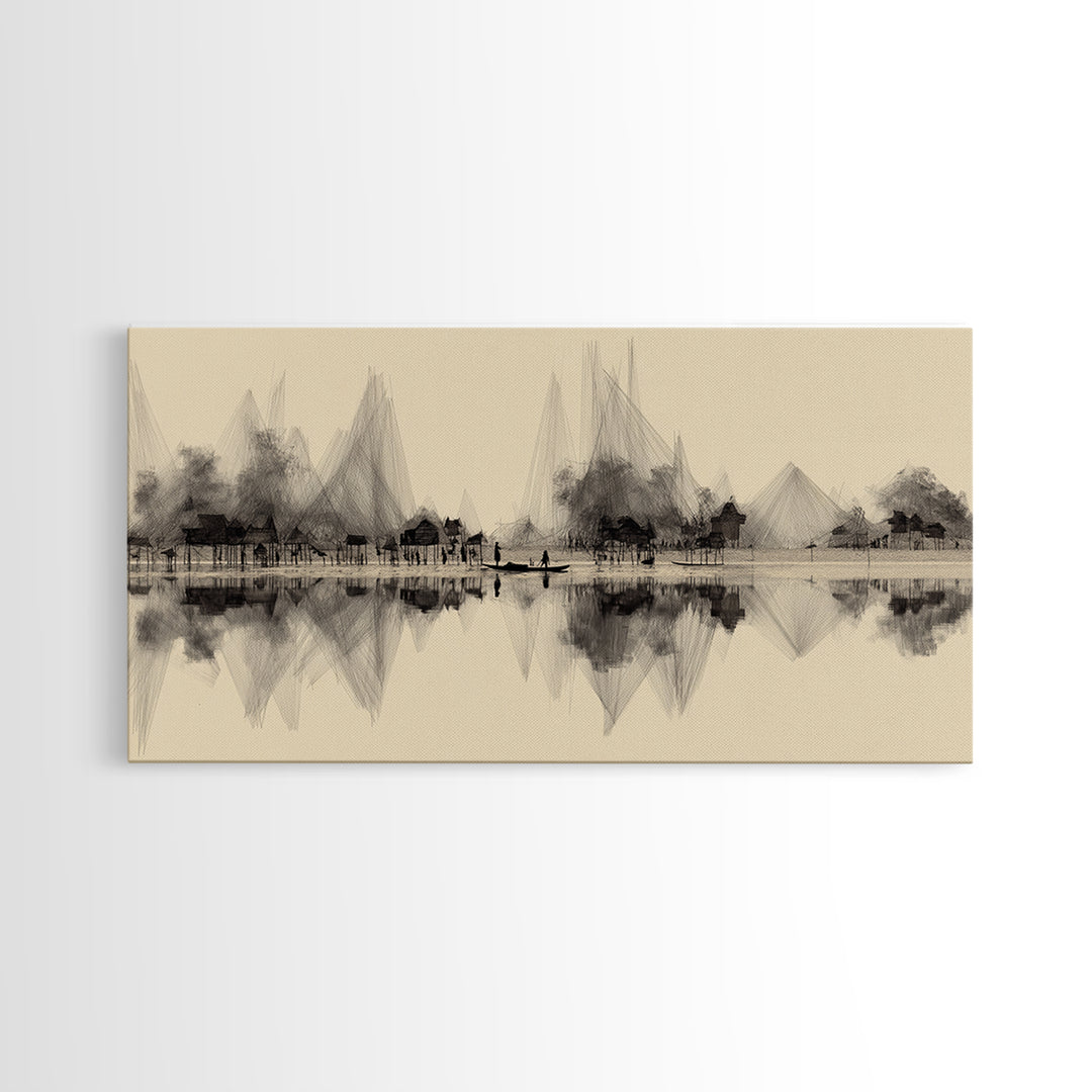 Sepia Ink Lakeside Village Reflections Wall Art, Minimalist Landscape Print, Serene Neutral Decor, Gallery Style Home Decor