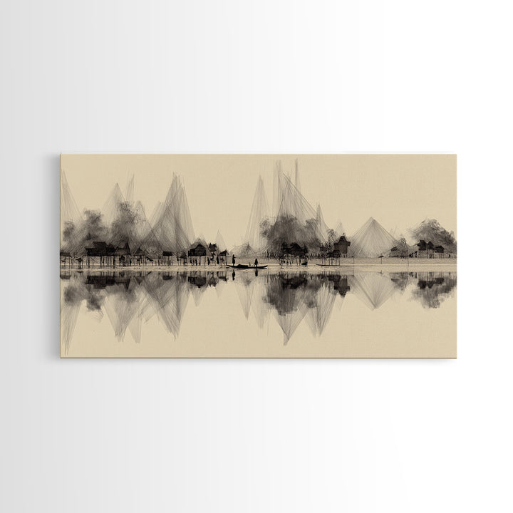 Sepia Ink Lakeside Village Reflections Wall Art, Minimalist Landscape Print, Serene Neutral Decor, Gallery Style Home Decor