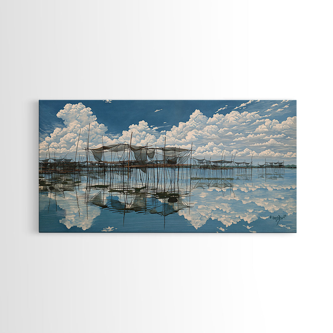 Bright Stilt House Lagoon Reflections Canvas Print, Coastal Sky Wall Decor, Blue Water Landscape Art, Serene Living Room Decor