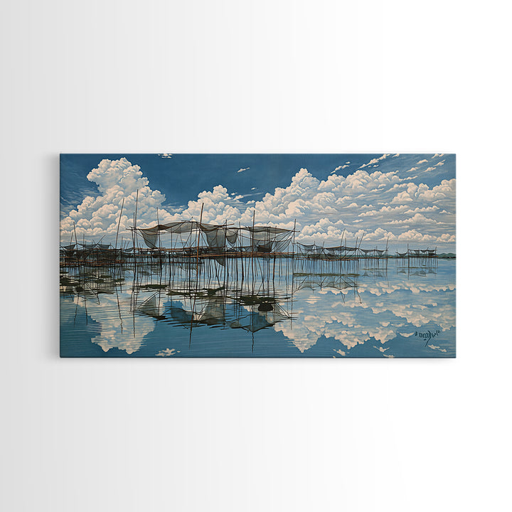 Bright Stilt House Lagoon Reflections Canvas Print, Coastal Sky Wall Decor, Blue Water Landscape Art, Serene Living Room Decor