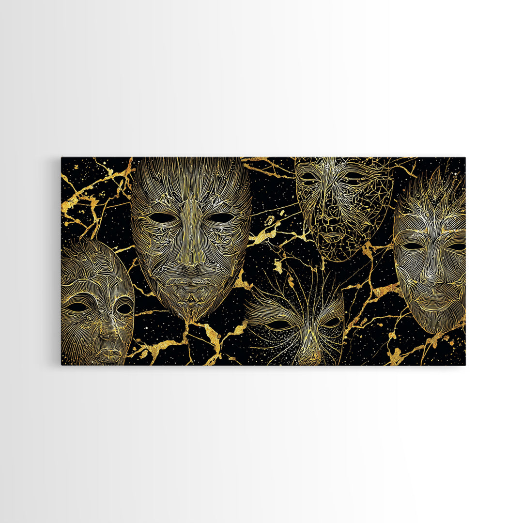 Gold Line African Mask Wall Art, Black And Gold Tribal Art Print, Abstract African Art Decor, Afrocentric Statement Decor