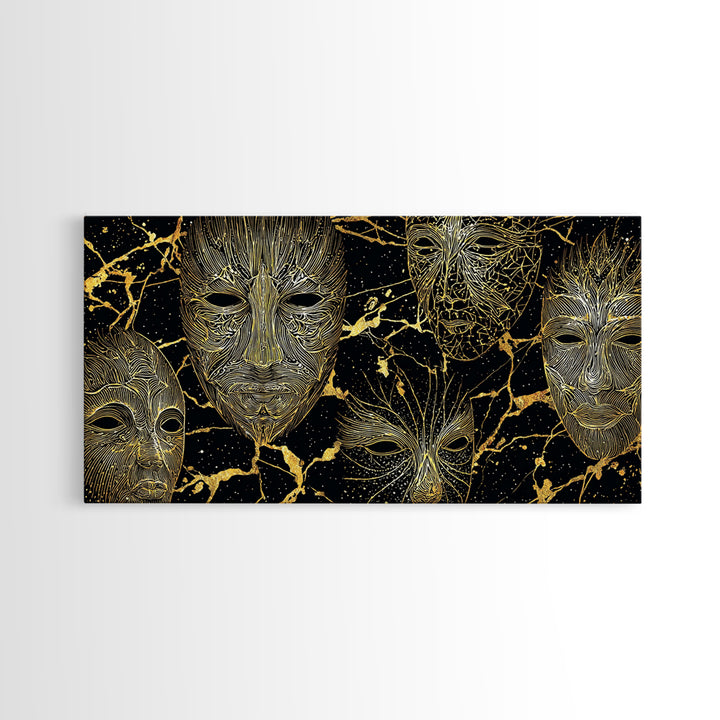 Gold Line African Mask Wall Art, Black And Gold Tribal Art Print, Abstract African Art Decor, Afrocentric Statement Decor
