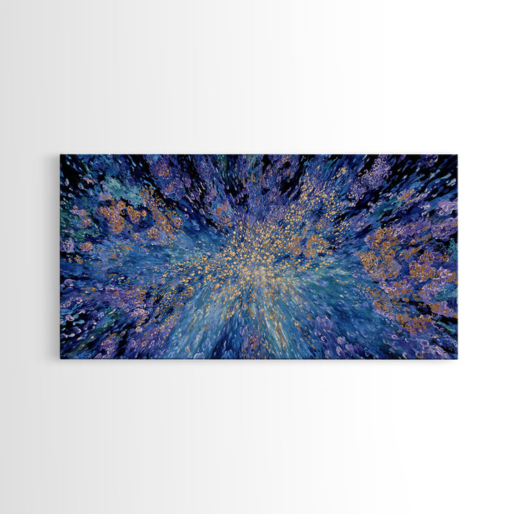 Blue Gold Cosmic Abstract Wall Art, Explosive Modern Canvas Decor, Textured Art Print, Dreamy Statement Living Room Decor