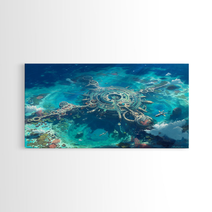 Futuristic Ocean City Aerial Canvas Print, Turquoise Sci Fi Island Wall Decor, Modern Digital Art, Unique Coastal Home Decor