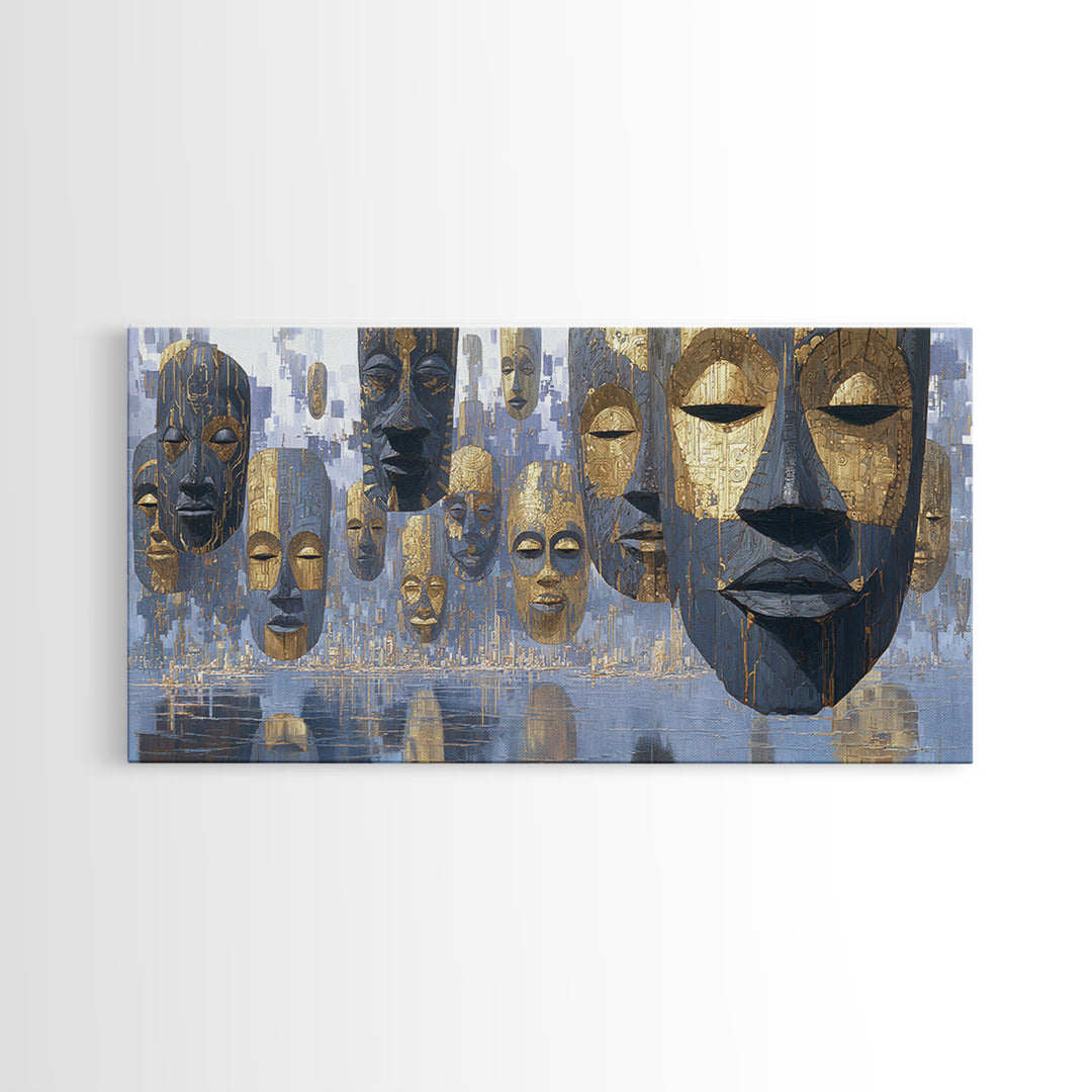 Floating African Mask Framed Canvas Print, Blue Gold Tribal Wall Decor, Modern African Art, Afrocentric Living Room Decor