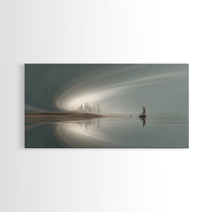 Misty Futuristic Sailboat Wall Art, Serene Coastal Skyline, Modern Minimalist Decor, Dreamy Landscape, Luxury Canvas Print