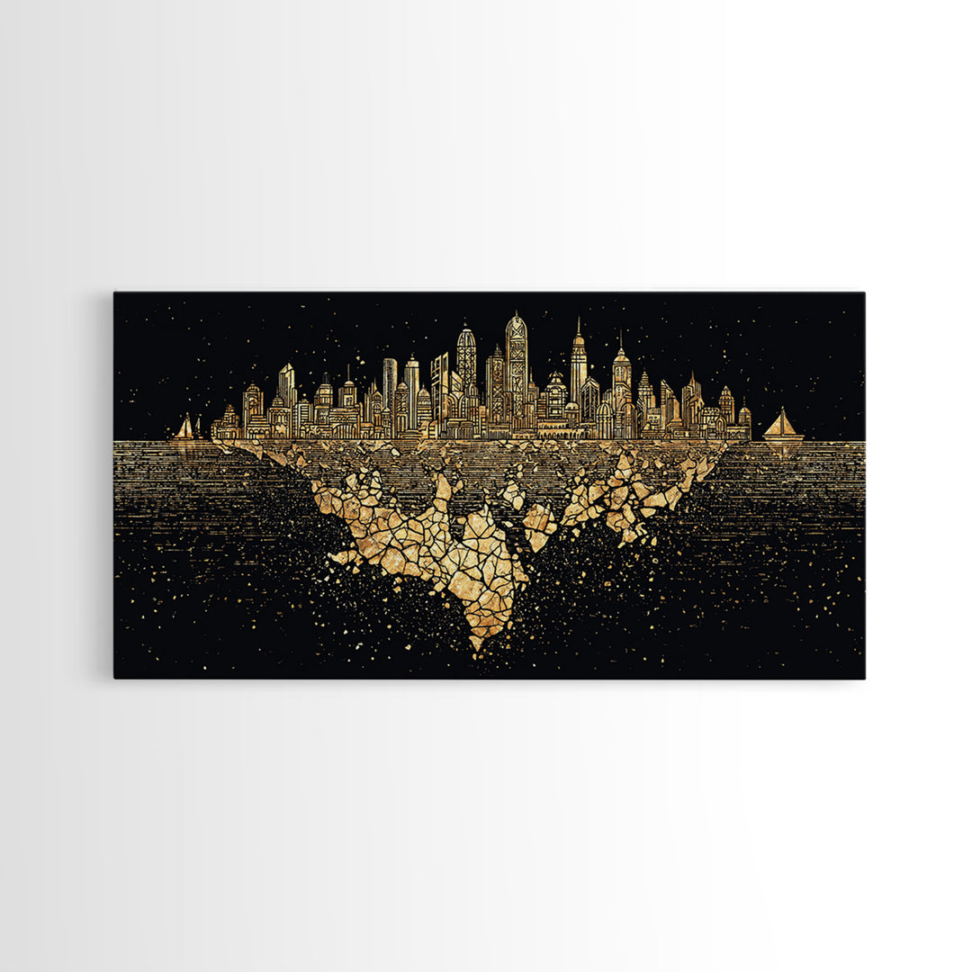 Gold Floating Skyline Wall Art, Black And Gold Art, Modern Cityscape Poster, Abstract Urban Decor, Statement Canvas Print