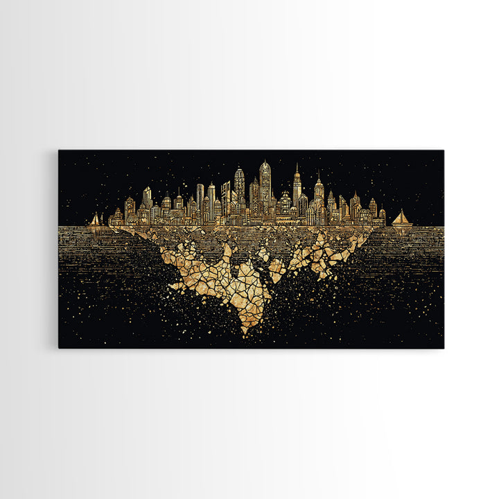 Gold Floating Skyline Wall Art, Black And Gold Art, Modern Cityscape Poster, Abstract Urban Decor, Statement Canvas Print