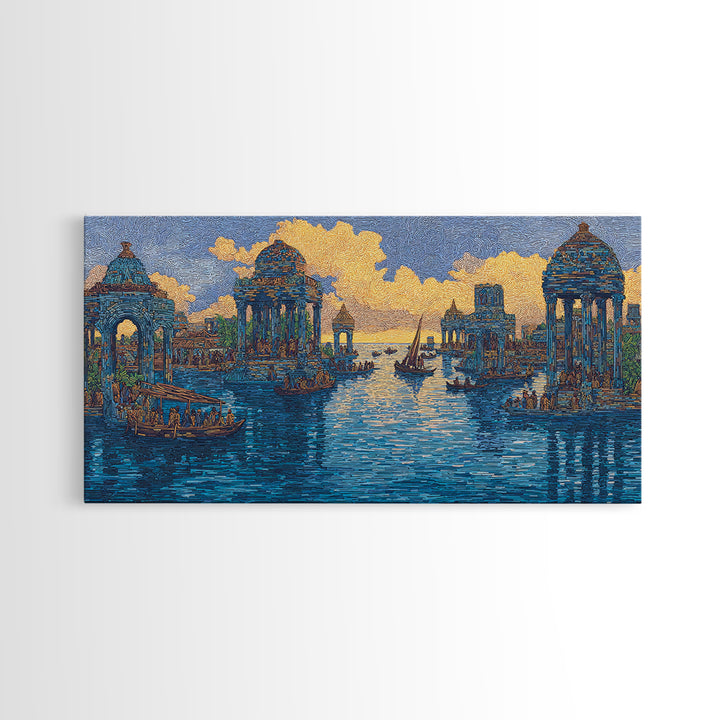 Blue Golden Temple Canal Wall Art, Ancient City Landscape, Cultural Art Print, Dreamy Water Decor, Contemporary Canvas Print